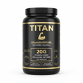 Black 20oz tub of TITAN Collagen Peptides with gold text, branding, and bicep logo against a white background.