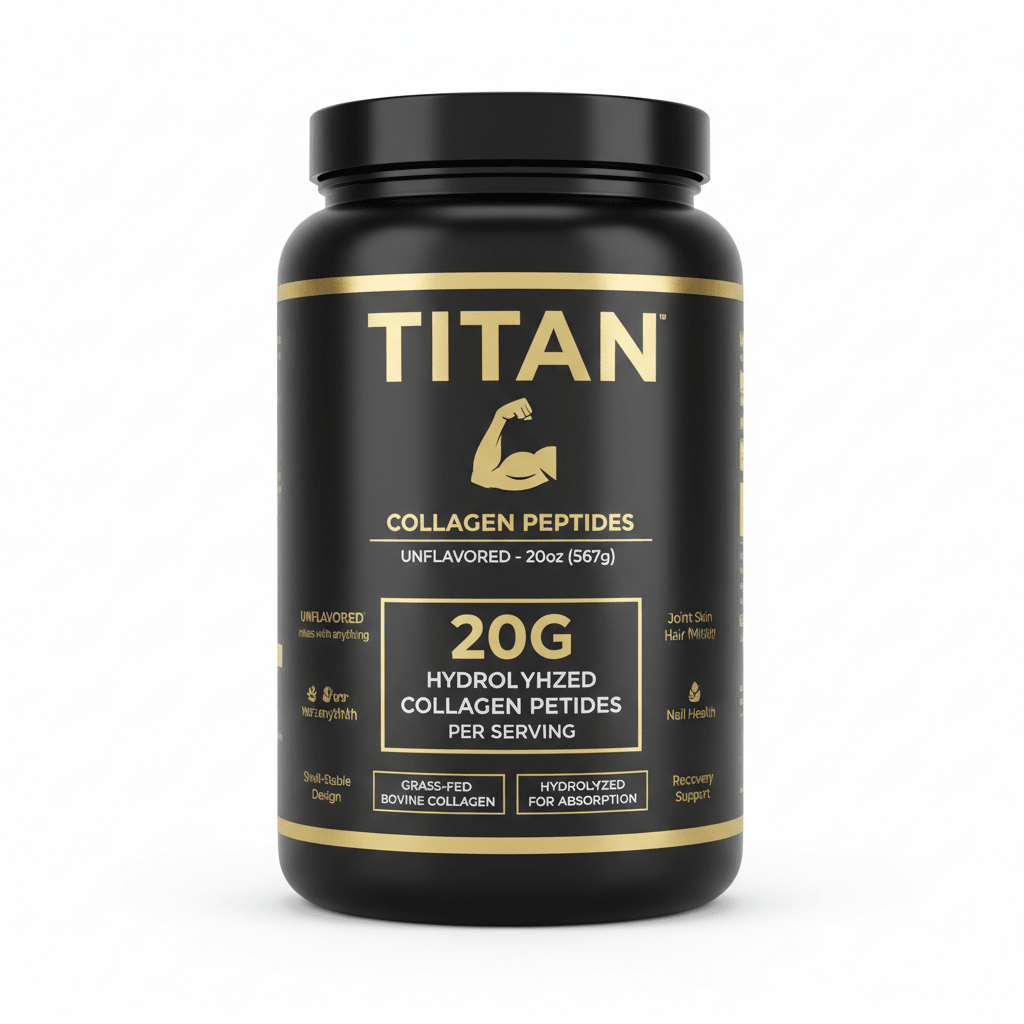 Black 20oz tub of TITAN Collagen Peptides with gold text, branding, and bicep logo against a white background.
