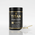 Black TITAN Collagen Peptides jar with gold text, 30 servings, and a gold scoop with white powder on a white surface.