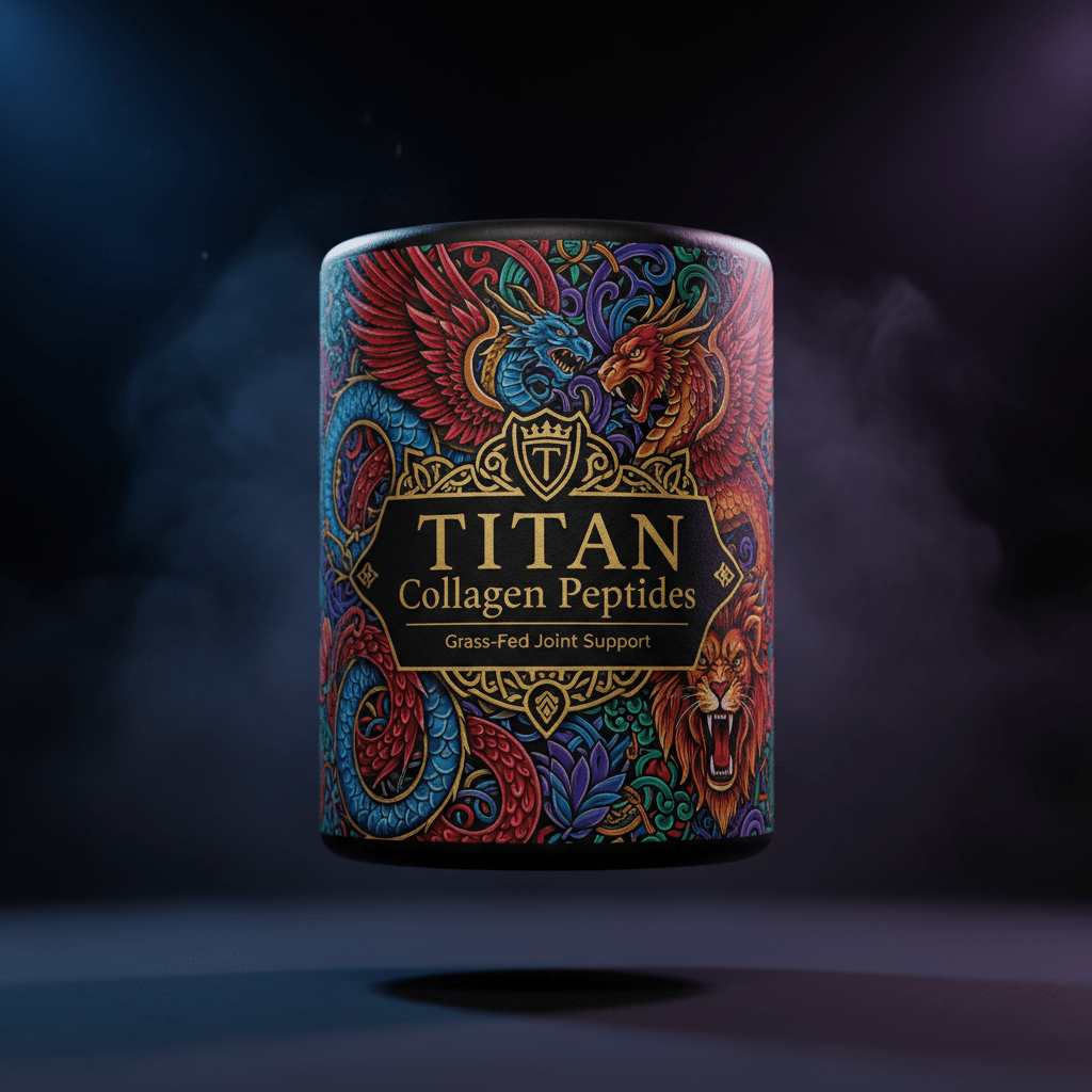TITAN Collagen Peptides tub featuring vibrant, intricate artwork of mythical creatures in a dark, smoky atmosphere.