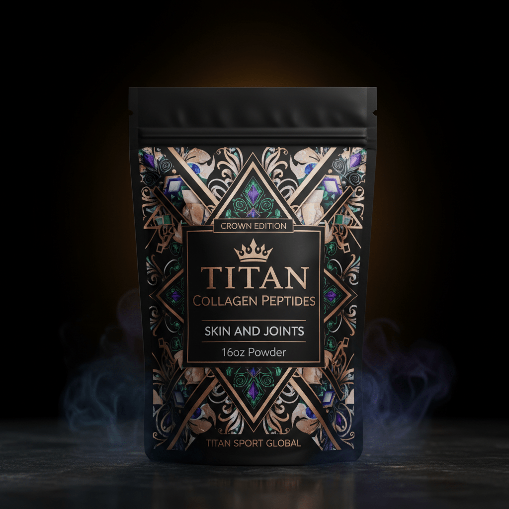 Black Titan Collagen Peptides pouch featuring Art Deco gold, purple, and green geometric patterns against dark smoke.