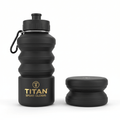 Black 20oz collapsible silicone water bottle with carabiner, gold TITAN SPORT GLOBAL logo, and a folded version.