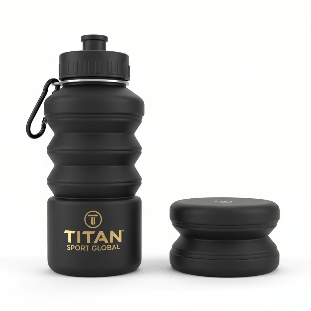 Black 20oz collapsible silicone water bottle with carabiner, gold TITAN SPORT GLOBAL logo, and a folded version.