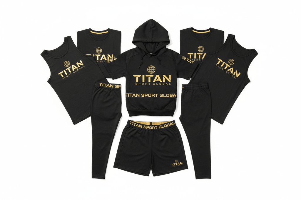 TITAN Sport Global black athletic bundle with gold branding, featuring hoodie, shorts, leggings, tank, and t-shirts.