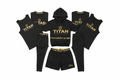 TITAN Sport Global black athletic bundle with gold branding, featuring hoodie, shorts, leggings, tank, and t-shirts.