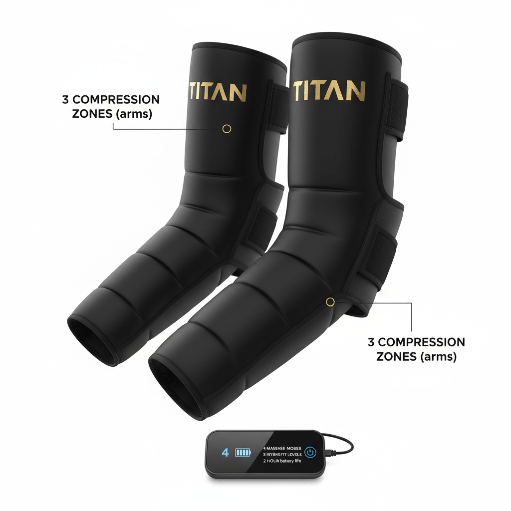 Black TITAN compression arm sleeves with gold branding, three compression zones, and a digital controller unit.