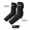 Black TITAN compression arm sleeves with gold branding, three compression zones, and a digital controller unit.