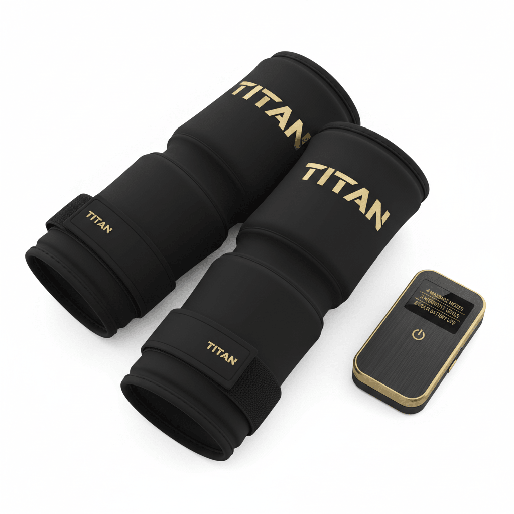Two black TITAN compression forearm sleeves with gold logos and adjustable velcro straps, plus a digital controller.