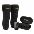 Two black Titan compression hamstring wraps, a handheld digital controller, and a zippered storage case.