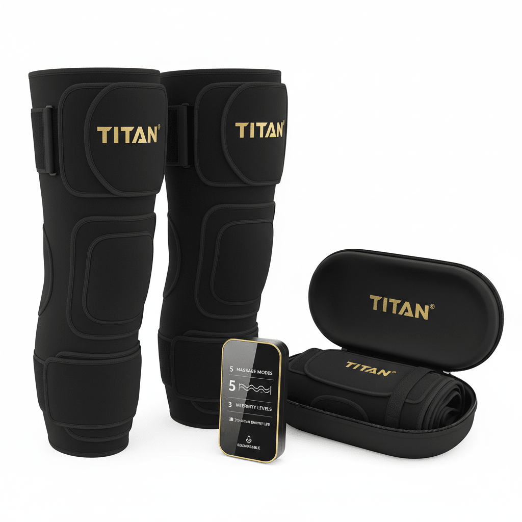 Two black Titan compression hamstring wraps, a handheld digital controller, and a zippered storage case.