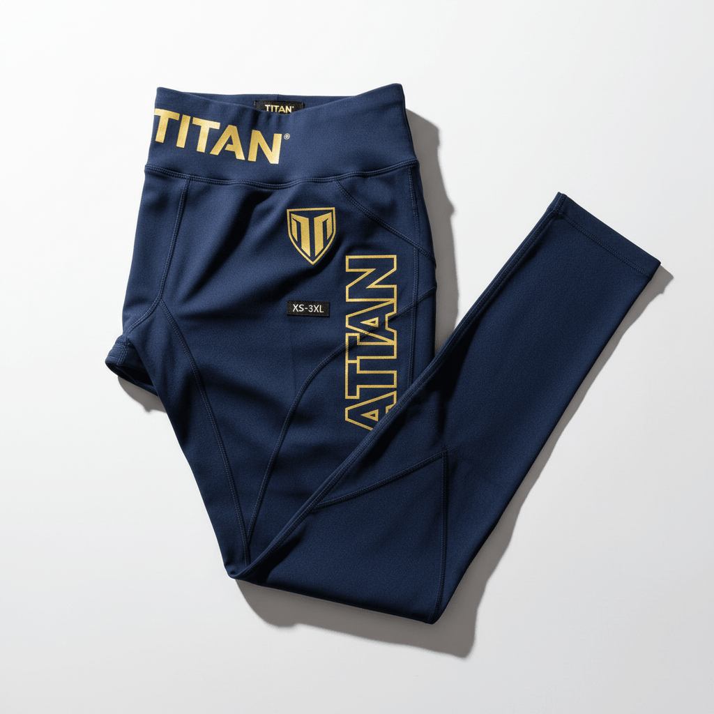 Navy blue women's compression leggings with gold TITAN logos on the waistband and leg, and a centered gold shield logo.