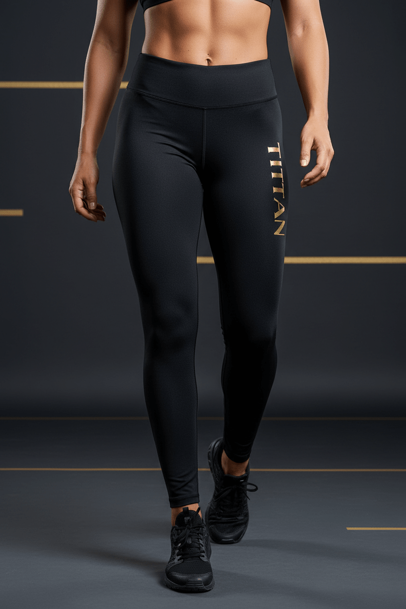 Black high-waisted compression leggings with a metallic gold vertical "TITAN" logo on the left hip.