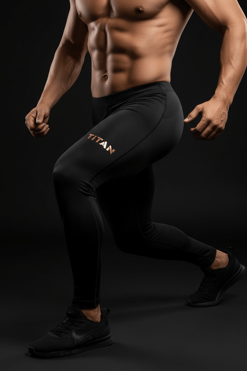 Black compression pants with gold TITAN branding on the thigh, worn by a muscular athlete in a lunge position.