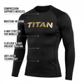 Black long-sleeve compression shirt with gold "TITAN" logo, featuring labeled performance and fabric benefits.