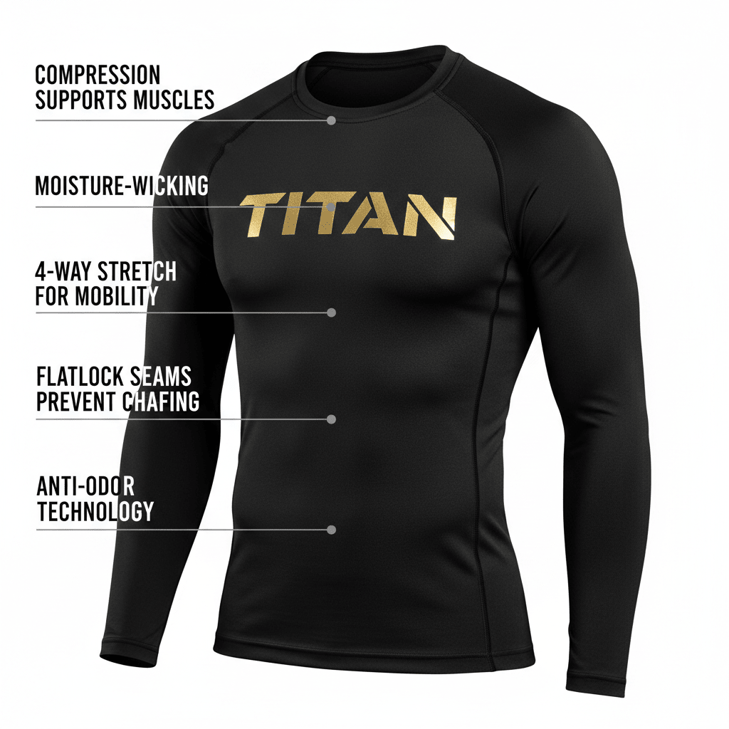 Black long-sleeve compression shirt with gold "TITAN" logo, featuring labeled performance and fabric benefits.