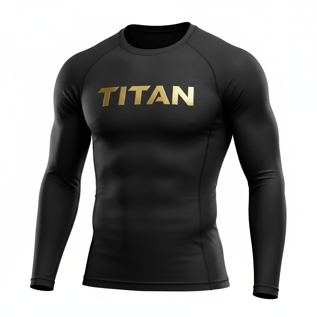 Black long-sleeve compression shirt with gold metallic TITAN logo on the chest and ventilated side panels.