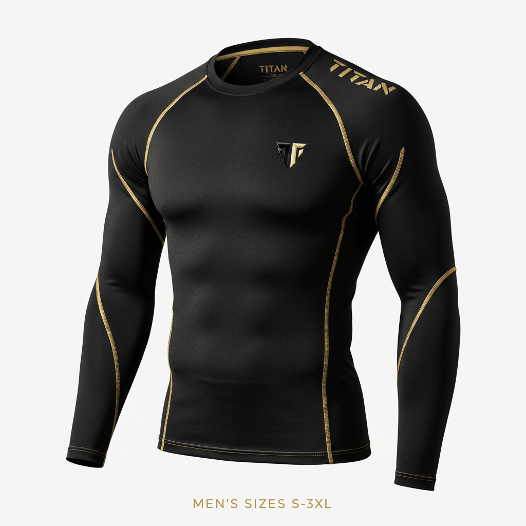 Black long-sleeve compression shirt with gold accent stitching, gold Titan logo on chest, and shoulder branding.