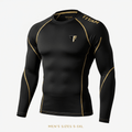 Black long-sleeve compression shirt with gold accent stitching, gold Titan logo on chest, and shoulder branding.