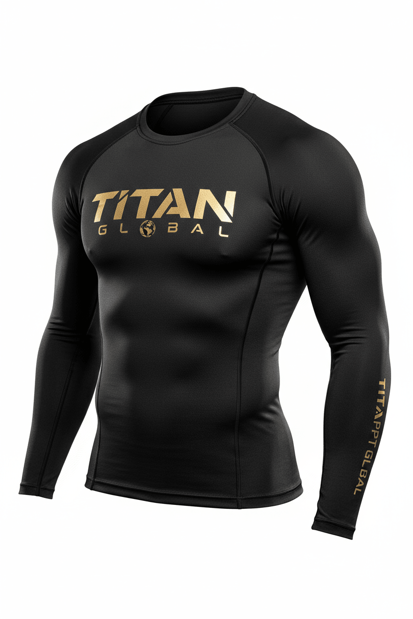 Black long-sleeve compression shirt with gold "TITAN GLOBAL" logo on chest and sleeve, featuring a globe icon.