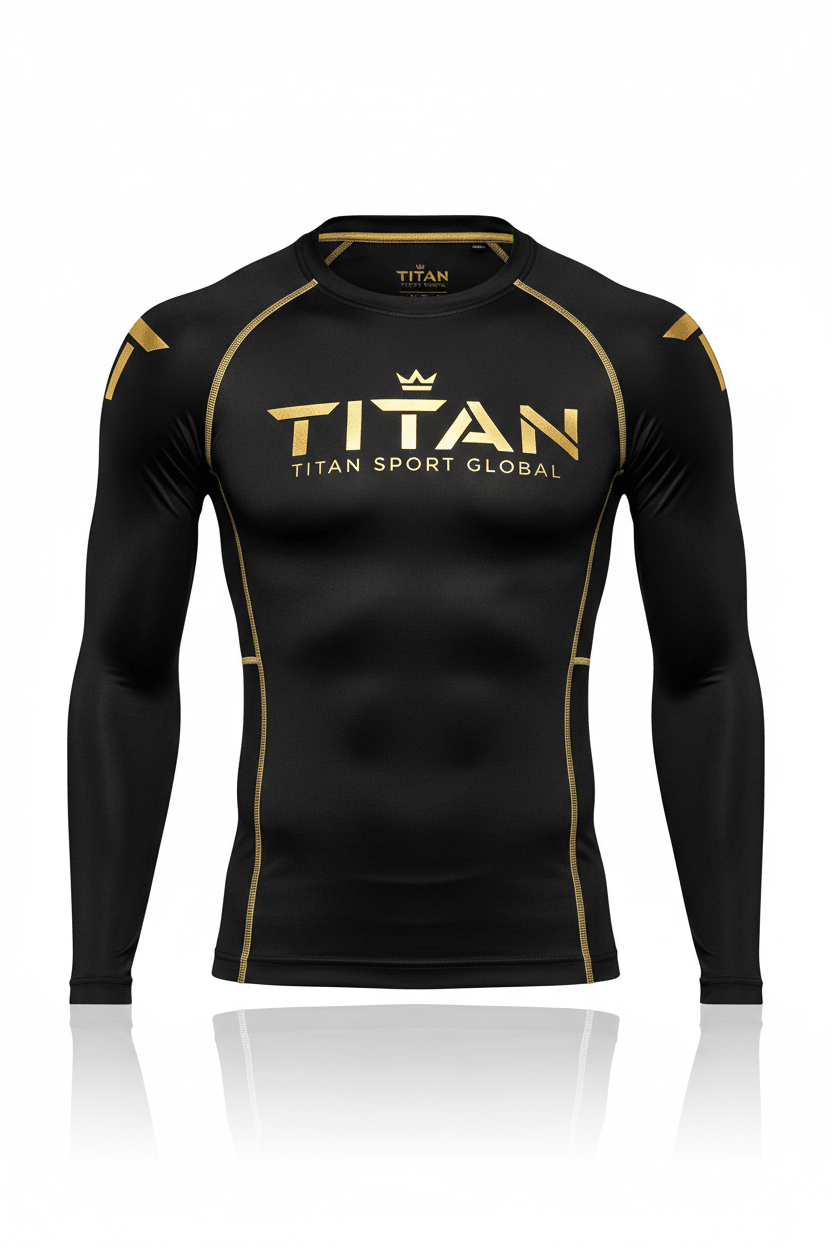 Black long-sleeve compression base layer with gold TITAN logo, crown graphic, and gold stitching accents.
