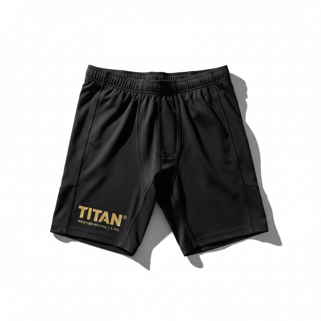 Black compression shorts with elastic waistband and gold "TITAN" logo on the right leg. Flat-lay studio style.