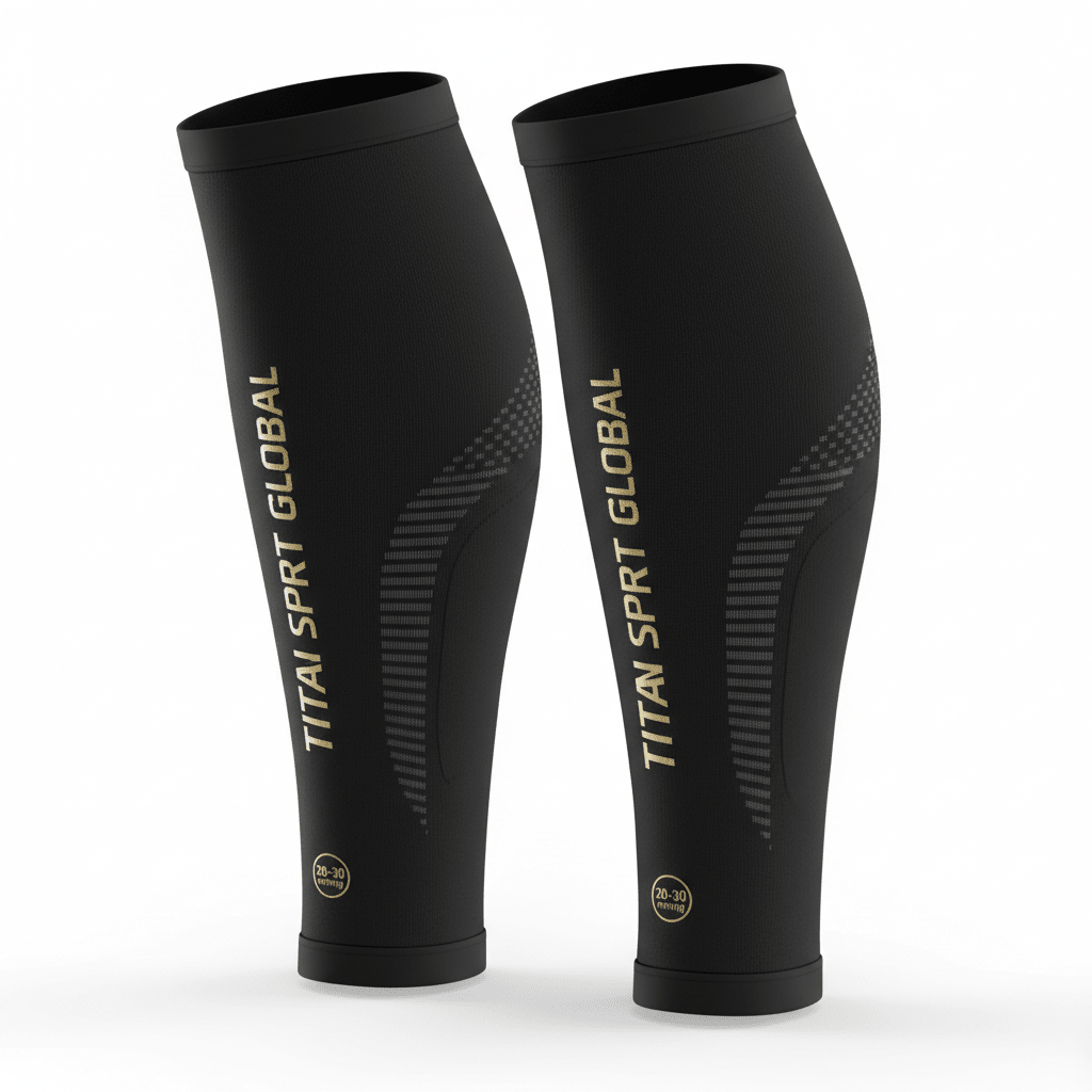Pair of black TITAN SPORT GLOBAL calf compression sleeves with gold branding and 20-30 mmHg compression level markers.