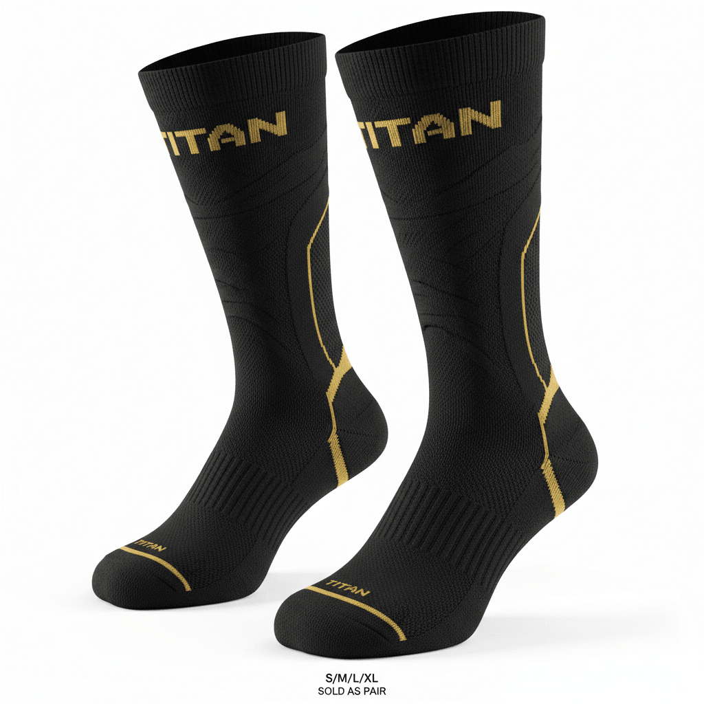 Black athletic compression socks with gold TITAN branding, side accents, and toe detail on a white background.