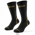 Black athletic compression socks with gold TITAN branding, side accents, and toe detail on a white background.