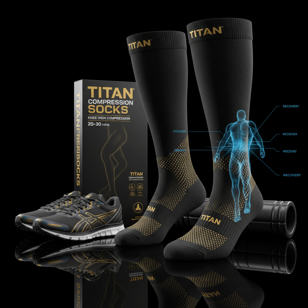 Two black knee-high Titan compression socks with gold accents, matching packaging, and a foam roller on a black surface.