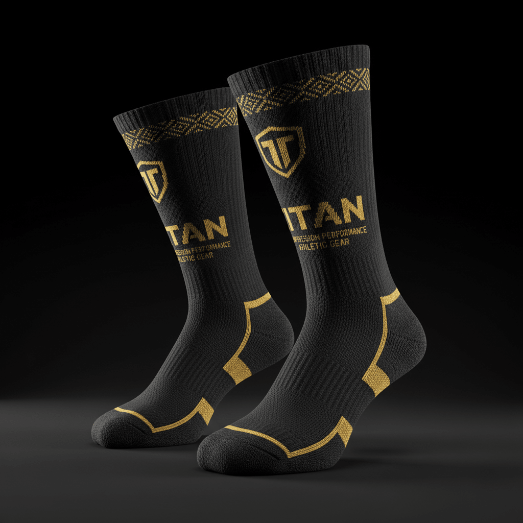 Black Titan performance compression socks with gold geometric cuffs, brand logo, and gold heel and toe accents.