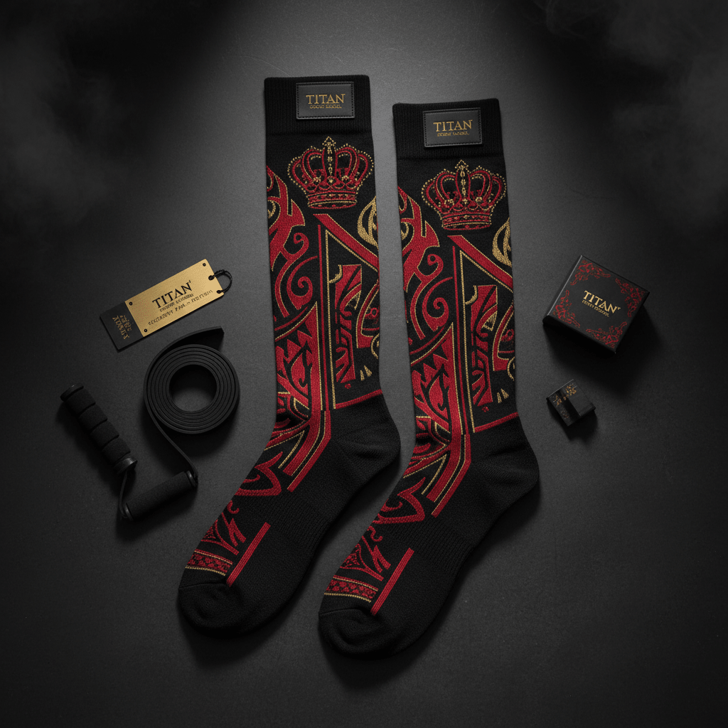 Black compression socks with red and gold regal crown and geometric patterns, featuring Titan logo branding.