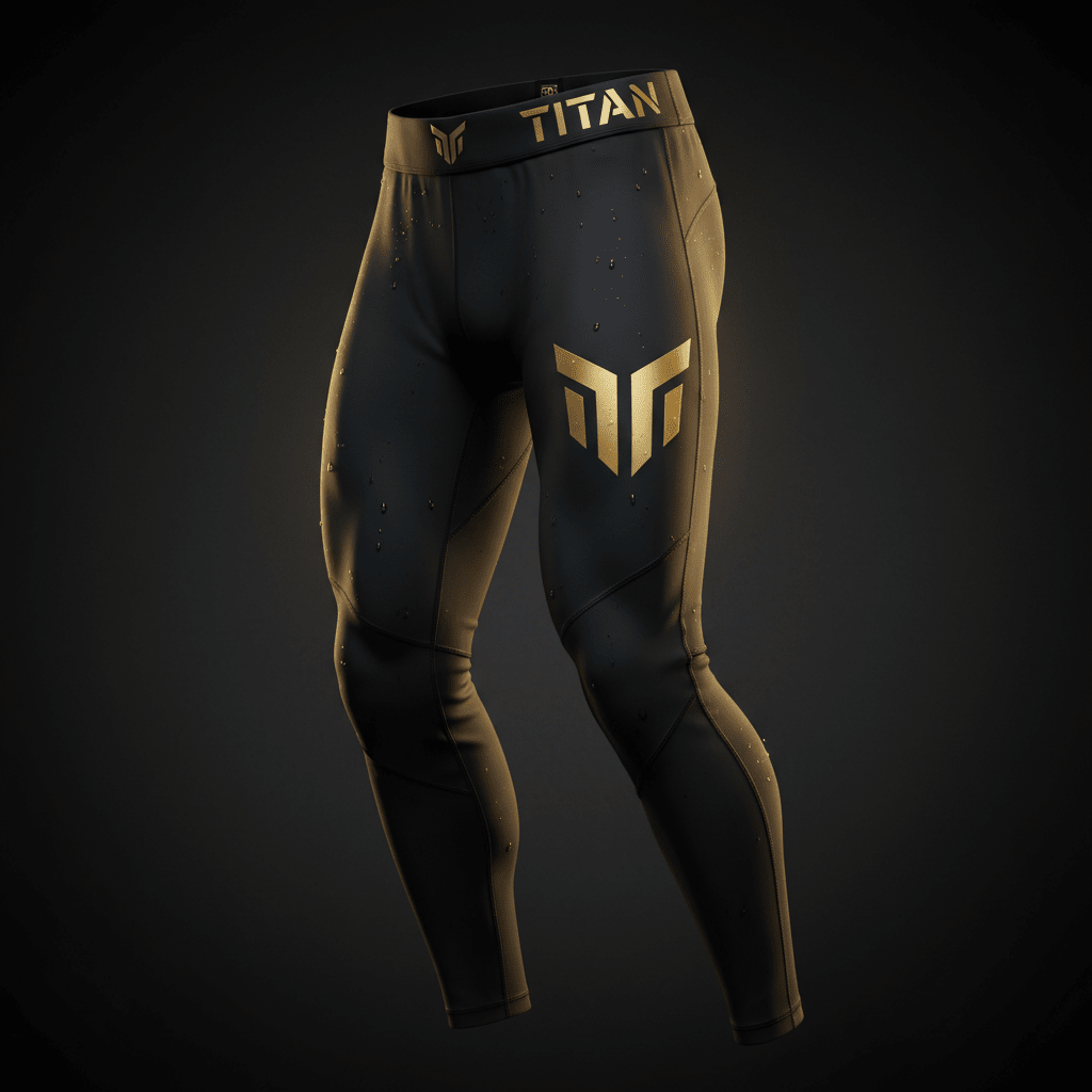 Black TITAN compression training tights with gold metallic logo on the thigh and waistband, featuring water droplets.
