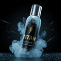 Black TITAN muscle spray bottle with gold logo, frosty snowflake texture, silver cap, and swirling blue ice mist.