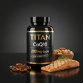 TITAN CoQ10 200mg supplement bottle, salmon fillet, and bowl of nuts on a black surface against a dark background.
