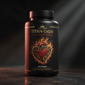 Black supplement bottle labeled "TITAN CoQ10 Heart Health 100mg" featuring a flaming heart illustration and gold text.