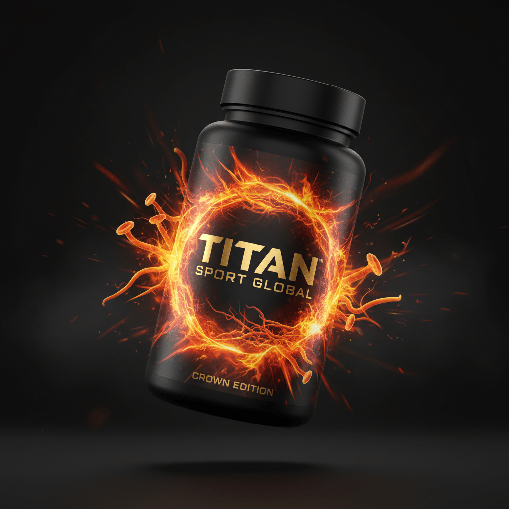 Black supplement bottle with glowing orange fire ring and cordyceps graphics. Gold TITAN SPORT GLOBAL logo on black.