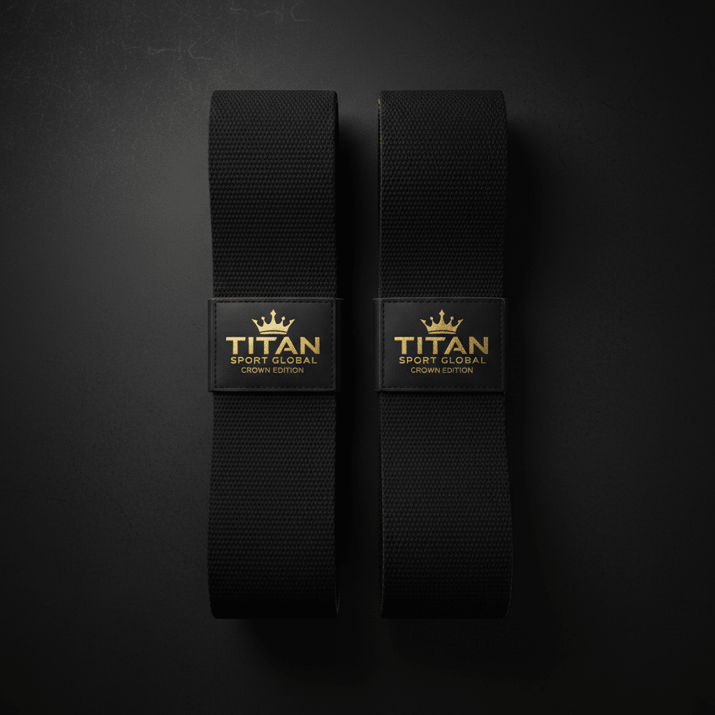 Black cotton lifting straps with gold "TITAN SPORT GLOBAL CROWN EDITION" branding on a sleek black background.