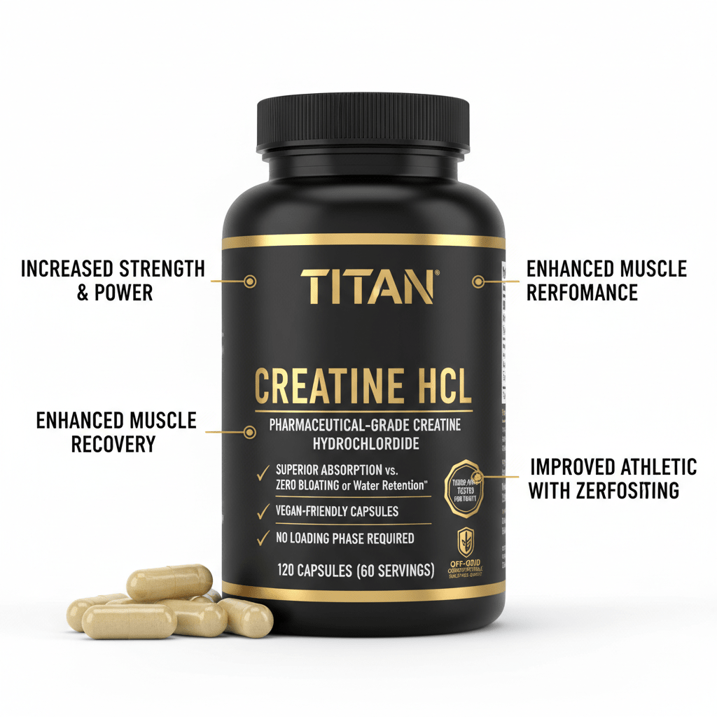 Titan Creatine HCL supplement bottle, black with gold text, 120 capsules, surrounded by beige capsules on white.
