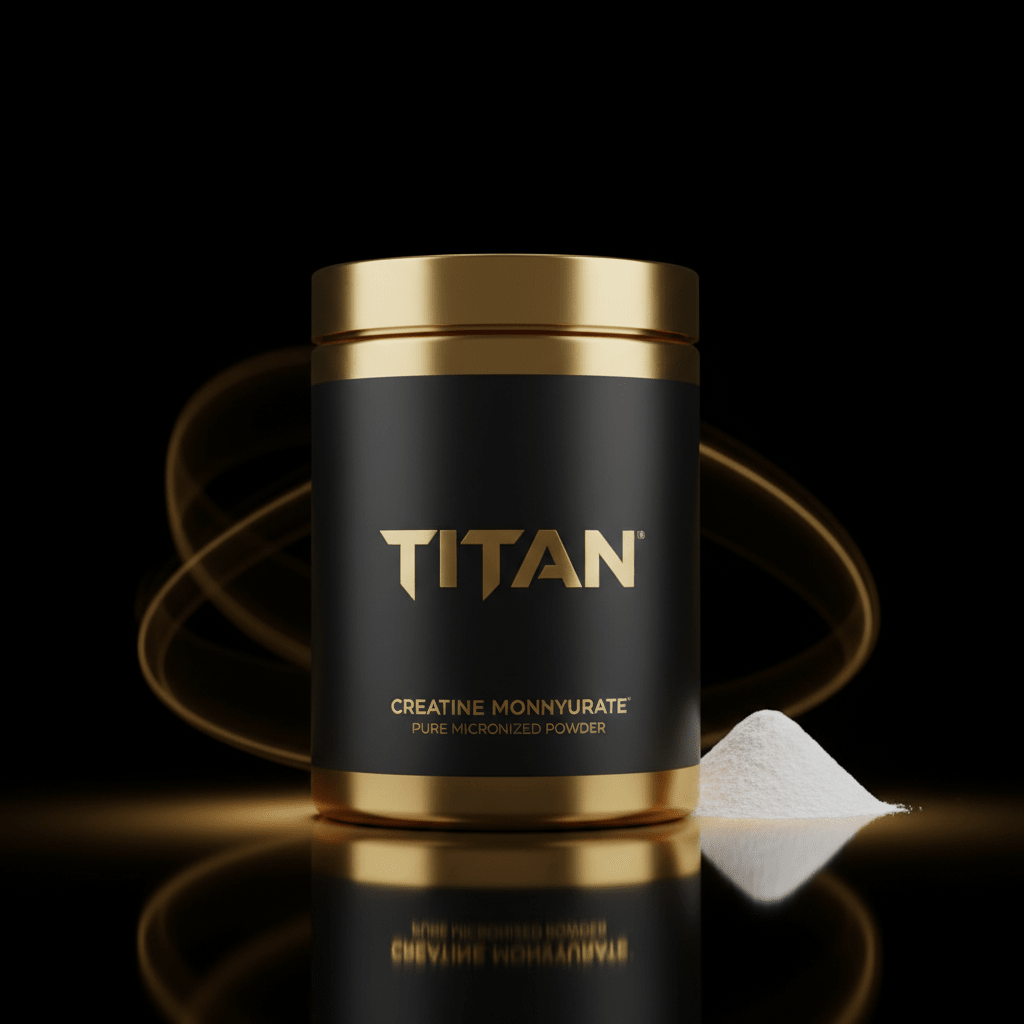 Black jar of TITAN Creatine Monohydrate with gold lid and logo, next to a small pile of white powder on black surface.