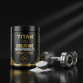 Black tub of Titan Creatine Monohydrate with gold text, a black scoop of powder, and a metallic dumbbell on black.