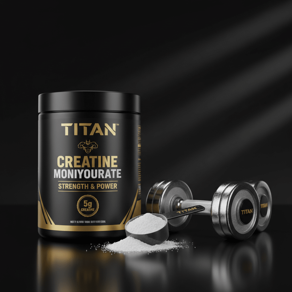 Black tub of Titan Creatine Monohydrate with gold text, a black scoop of powder, and a metallic dumbbell on black.