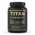 Black tub of TITAN Creatine Monohydrate with gold text and accents. Shows 60 servings, 5g creatine, and benefits list.