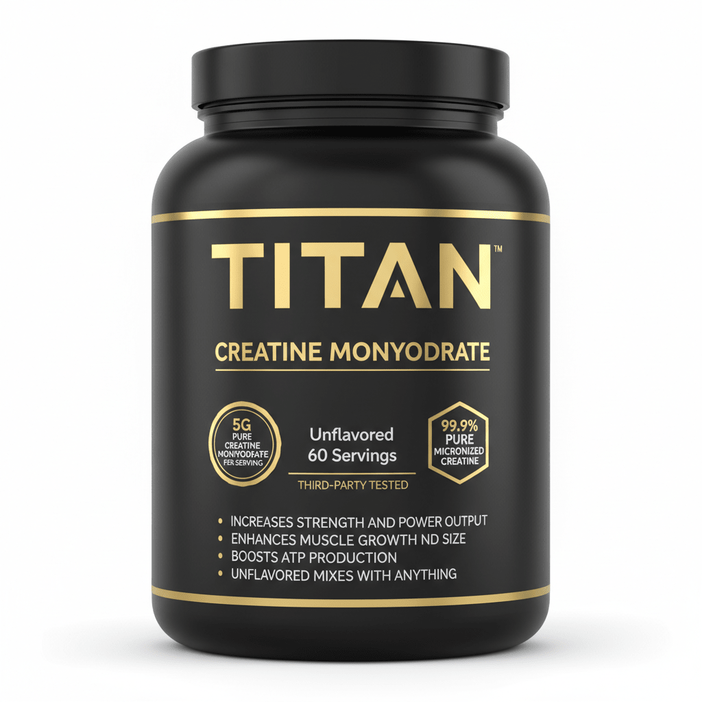 Black tub of TITAN Creatine Monohydrate with gold text and accents. Shows 60 servings, 5g creatine, and benefits list.