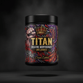 Black tub of TITAN Creatine Monohydrate with a vibrant design featuring a crown, fist, and phoenix on a dark background.