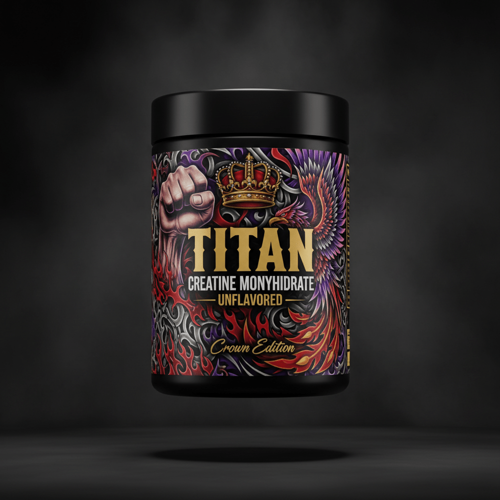 Black tub of TITAN Creatine Monohydrate with a vibrant design featuring a crown, fist, and phoenix on a dark background.