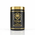 Black matte jar with gold lid, featuring a gold lion logo, "TITAN" text, and "Creatine Monohydrate" label.