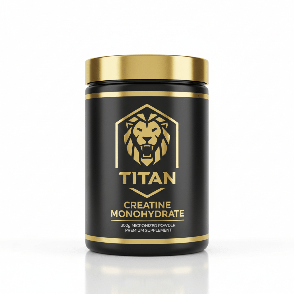 Black matte jar with gold lid, featuring a gold lion logo, "TITAN" text, and "Creatine Monohydrate" label.
