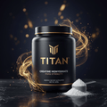 Black Titan Creatine container with gold logo and text, surrounded by golden swirls on a black marble surface.