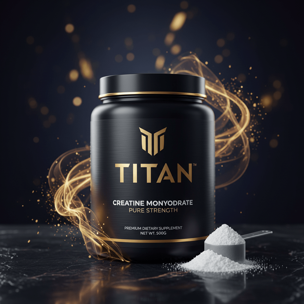 Black Titan Creatine container with gold logo and text, surrounded by golden swirls on a black marble surface.