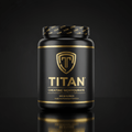 Black tub of TITAN Creatine Monohydrate with gold logo, text, and trim, labeled 100 servings, on black background.